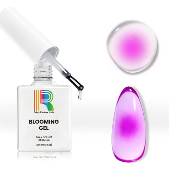 Blooming Gel bottle with Bright Rainbow Nails branding showing crystal clear gel and pink gradient blooming effect samples, 15ml UV LED soak-off gel polish