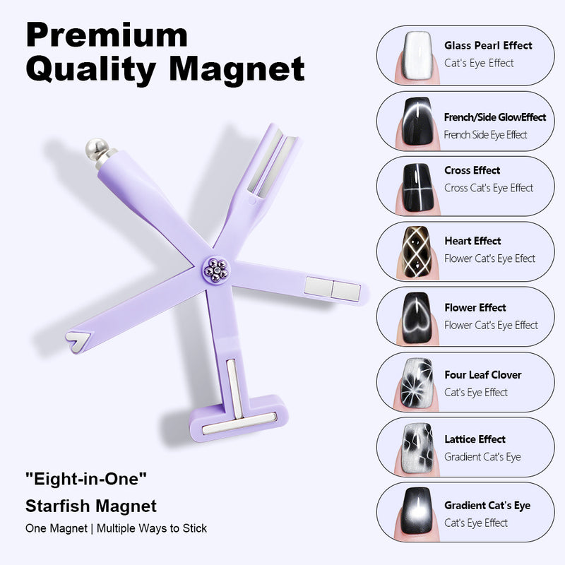 Premium quality 8-in-1 starfish magnetic nail art tool with detailed effect chart showing 8 cat eye patterns: Glass Pearl Effect, French Side Glow Effect, Cross Cat's Eye Effect, Heart Effect, Flower Effect, Four Leaf Clover, Lattice Effect, and Gradient Cat's Eye with corresponding nail examples
