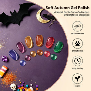Soft Autumn Gel Polish showcasing Morandi Earth-Tone colors, ideal for Halloween and fall nail designs.