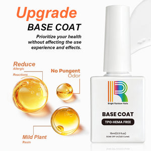 HEMA Free Base Coat upgrade benefits - reduces allergic reactions, no pungent odor, mild plant resin formula with ingredient visualization | HEMA Free