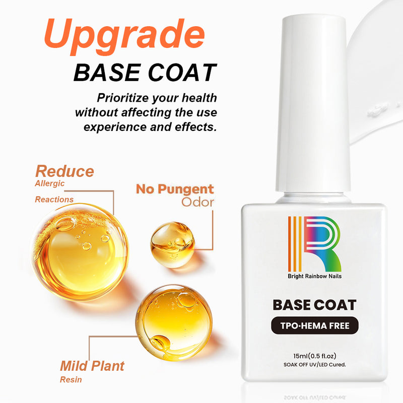 HEMA Free Base Coat upgrade benefits - reduces allergic reactions, no pungent odor, mild plant resin formula with ingredient visualization | HEMA Free