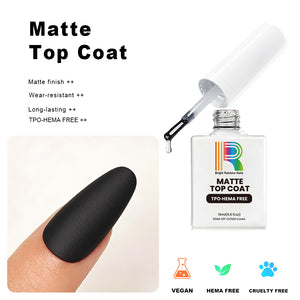 Matte Top Coat features - matte finish, wear-resistant, long-lasting, TPO-HEMA FREE benefits with product bottle and brush 