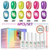 Candy Glow Cat Eye Gel Polish in 6 vibrant colors displayed with TPO and HEMA-free formulation, 7.5ml bottles.