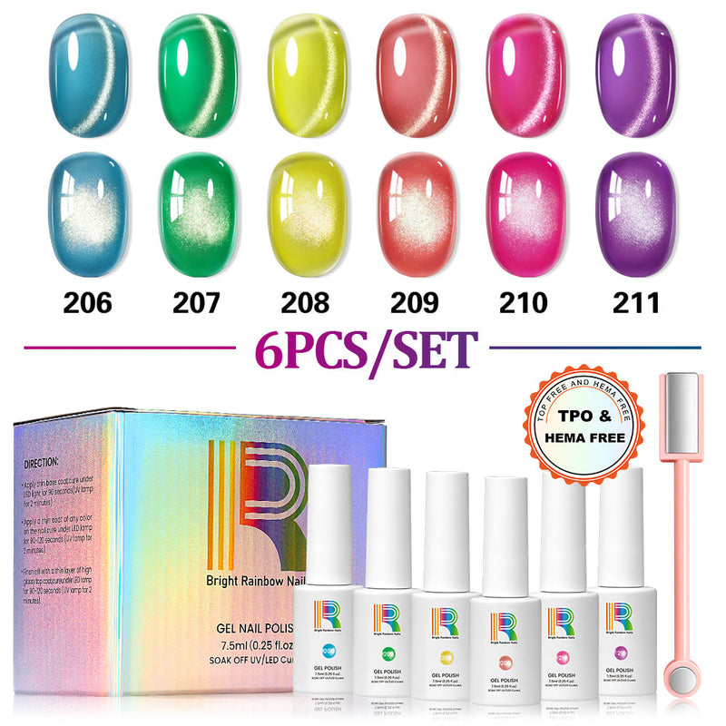 Candy Glow Cat Eye Gel Polish in 6 vibrant colors displayed with TPO and HEMA-free formulation, 7.5ml bottles.