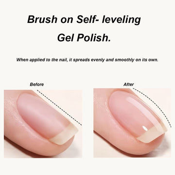 Brush-on self-leveling gel polish application showing gel spreading evenly and smoothly on natural nail before and after