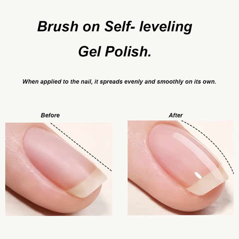 Brush-on self-leveling gel polish application showing gel spreading evenly and smoothly on natural nail before and after