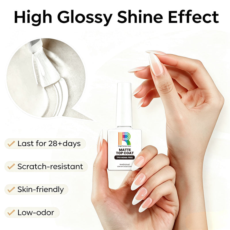 Gel nail base and matte top coat showcasing high glossy shine effect with scratch-resistant and low-odor features.