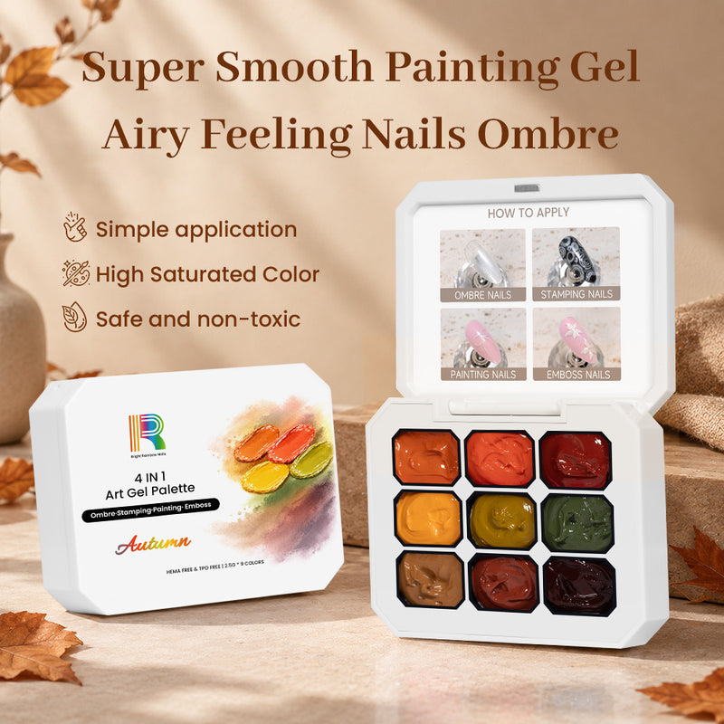 autumn gel palette for nail art showcasing 4-in-1 gel colors for ombre stamping painting and emboss techniques.