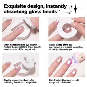 Exquisite design instantly absorbing glass beads - step-by-step tutorial showing how to open rotating magnet, place finger in center slot, rotate top to create cat eye design, and cure gel polish for 60 seconds
