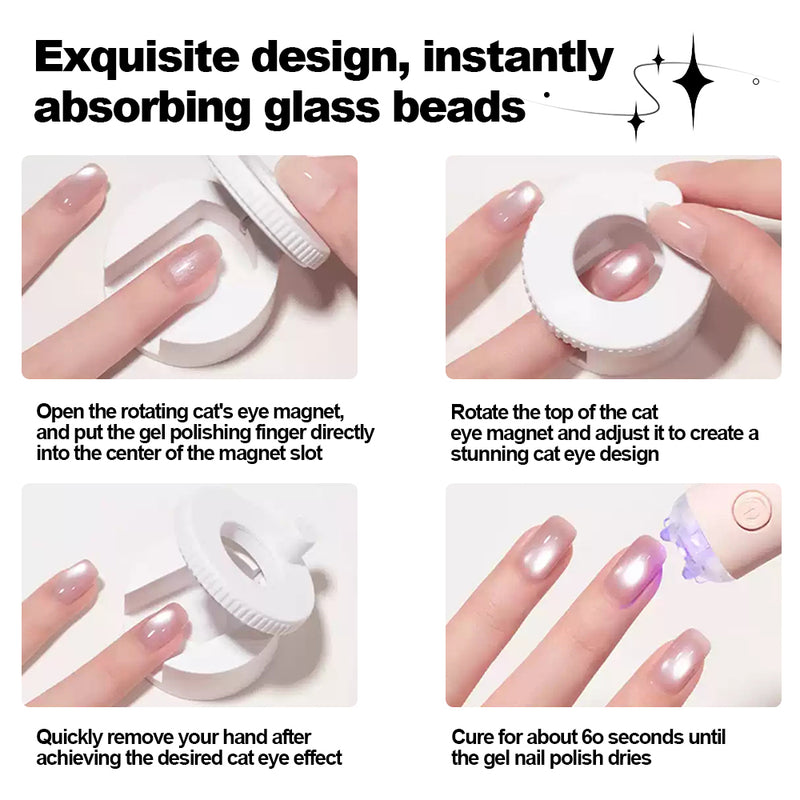 Exquisite design instantly absorbing glass beads - step-by-step tutorial showing how to open rotating magnet, place finger in center slot, rotate top to create cat eye design, and cure gel polish for 60 seconds
