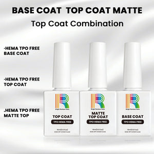 3-in-1 gel top coat kit including base coat, glossy top coat, and matte top coat, HEMA and TPO free.