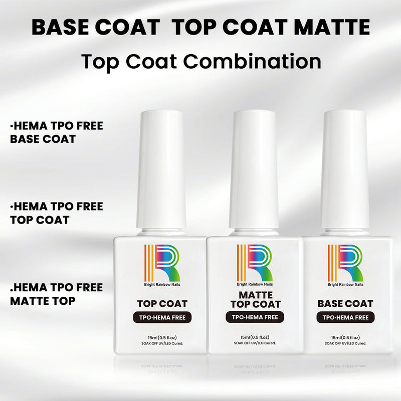 3-in-1 gel top coat kit including base coat, glossy top coat, and matte top coat, HEMA and TPO free.