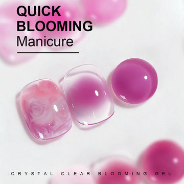 Quick blooming manicure crystal clear blooming gel showing three gradient nail art samples in pink ombre effects