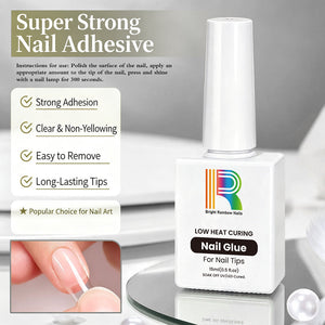 Low Heat Curing Nail Glue set showcasing strong adhesion and clear formula for long-lasting nail tips.