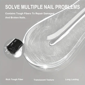 Solve multiple nail problems - rich tough fiber, translucent texture, long lasting protection with fiber gel in dish showing fiber strands