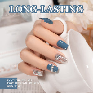 Model showcasing long-lasting nail art featuring Morandi autumn winter gel polish set in stylish design.