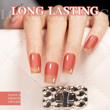 Long-Lasting gel nail art — peachy sheer glaze with gold French tip, enjoy nail art from the comfort of your home