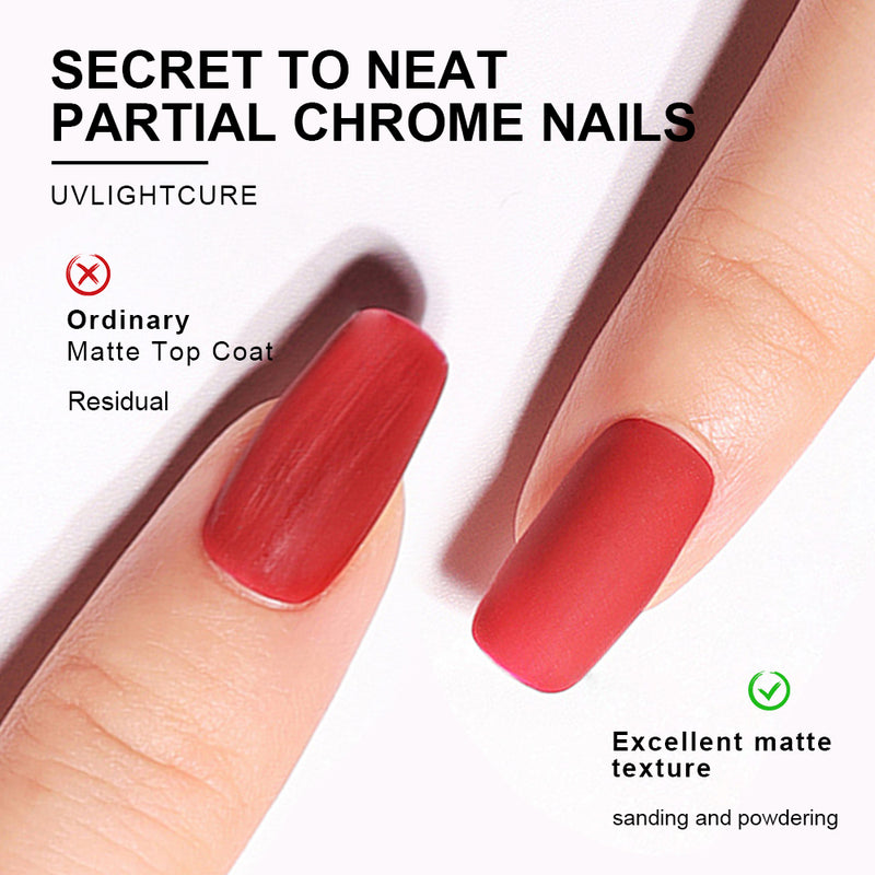 Secret to neat partial chrome nails UV light cure showing excellent matte texture comparison between ordinary and upgraded matte top coat