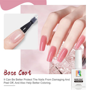 Gel nail base and top coat duo showcased with a brush, protecting nails and enhancing color quality.