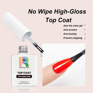 HEMA Free Top Coat bottle and finished black gel nail showing high gloss mirror shine and no-wipe formula benefits