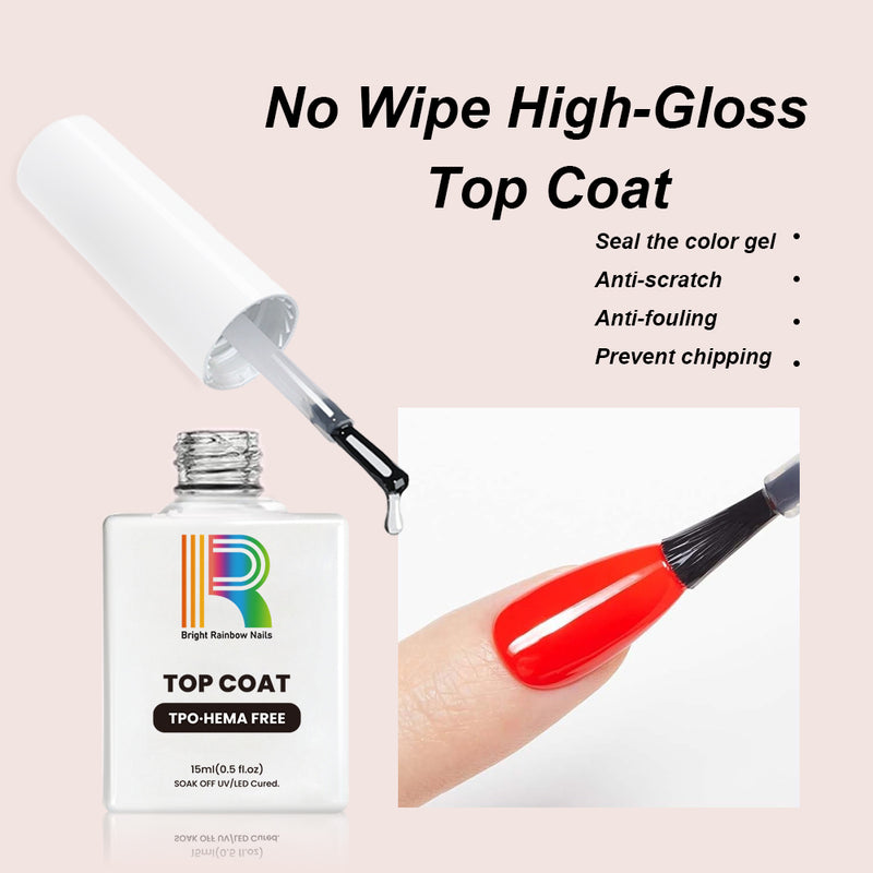 HEMA Free Top Coat bottle and finished black gel nail showing high gloss mirror shine and no-wipe formula benefits