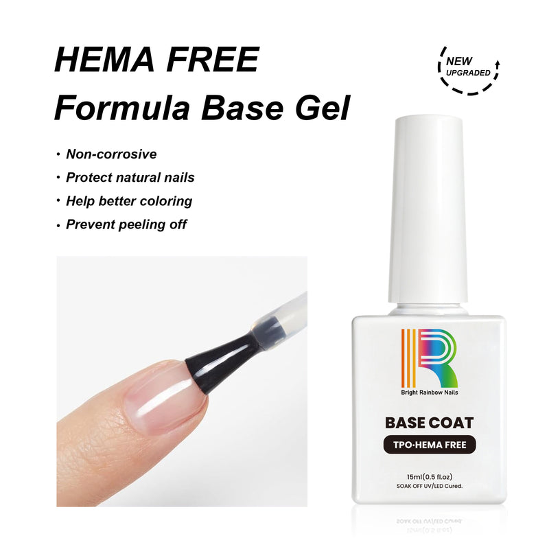 HEMA Free formula base gel application on natural nail showing non-corrosive protection, better coloring, prevents peeling with product features | HEMA Free 