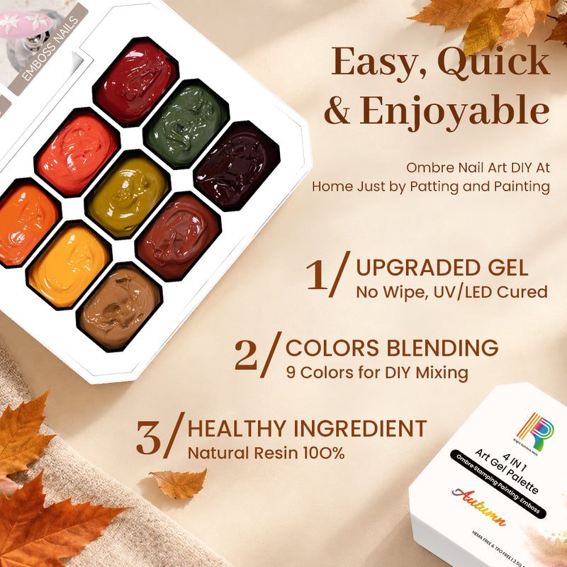autumn gel palette for nail art showcasing 9 warm colors perfect for ombre stamping painting and emboss techniques.
