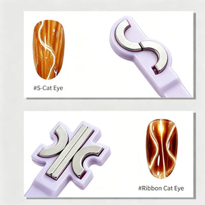 S Ribbon Cat Eye Magnet Stick showcasing S-Cat Eye and Ribbon Cat Eye nail designs. Dual-end cat eye nail magnet tool.