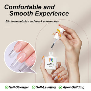 Comfortable smooth experience with self-leveling gel eliminating bubbles and mask unevenness for nail-stronger, apex-building benefits