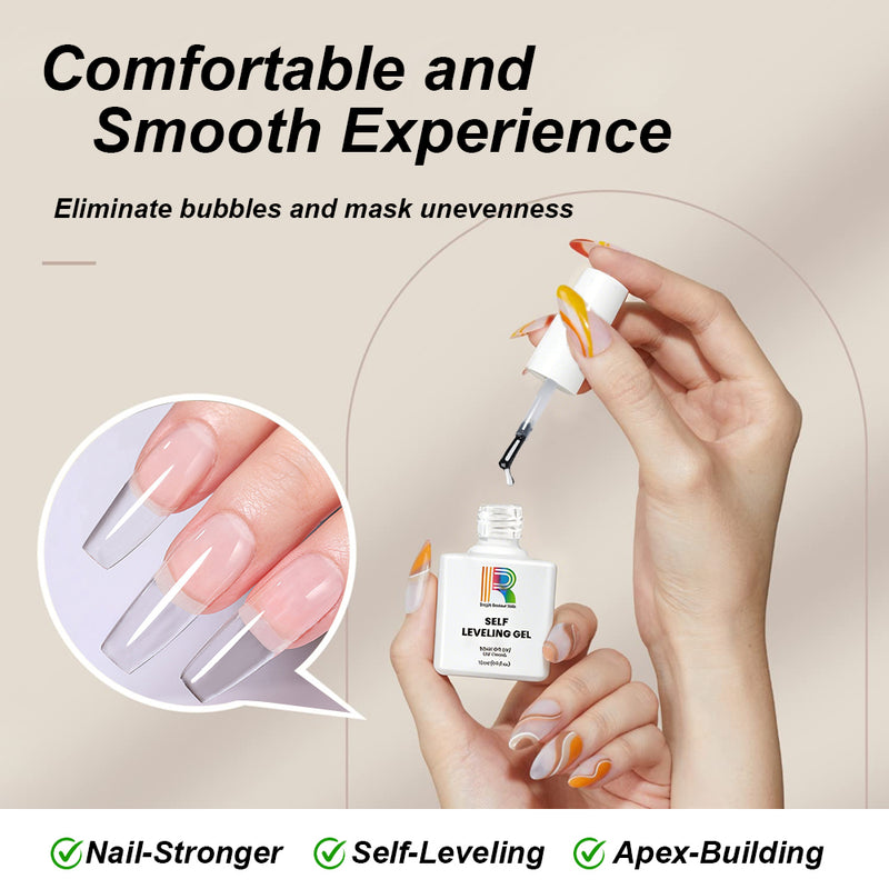 Comfortable smooth experience with self-leveling gel eliminating bubbles and mask unevenness for nail-stronger, apex-building benefits
