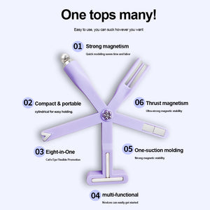 One tops many - 8-in-1 starfish cat eye magnet features diagram highlighting 6 key benefits: strong magnetism for quick modeling, compact and portable cylindrical design, eight-in-one cat's eye flexible promotion, multi-functional for novices, one-suction molding with strong magnetic stability, and thrust magnetism with ultra-strong magnetic stability
