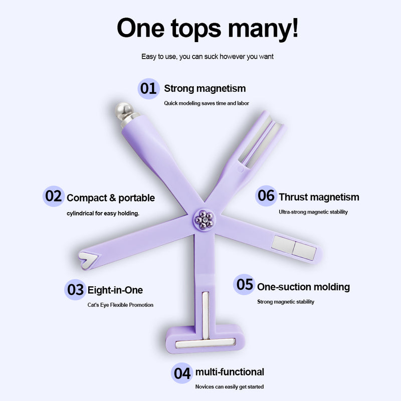 One tops many - 8-in-1 starfish cat eye magnet features diagram highlighting 6 key benefits: strong magnetism for quick modeling, compact and portable cylindrical design, eight-in-one cat's eye flexible promotion, multi-functional for novices, one-suction molding with strong magnetic stability, and thrust magnetism with ultra-strong magnetic stability
