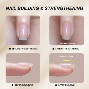Nail building and strengthening before and after comparison showing thicken overlay and C-curve apex building results