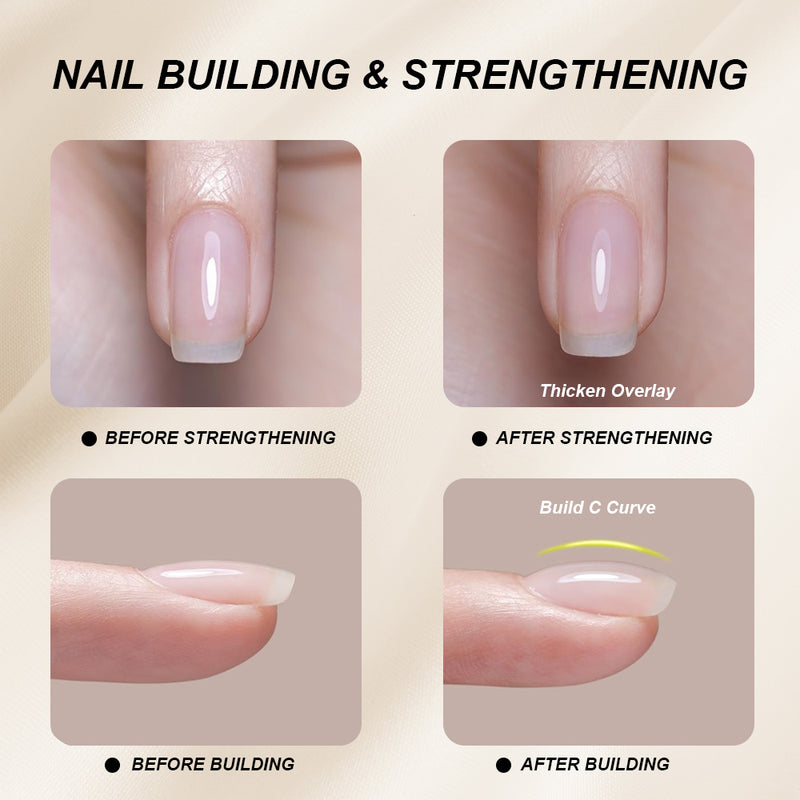 Nail building and strengthening before and after comparison showing thicken overlay and C-curve apex building results