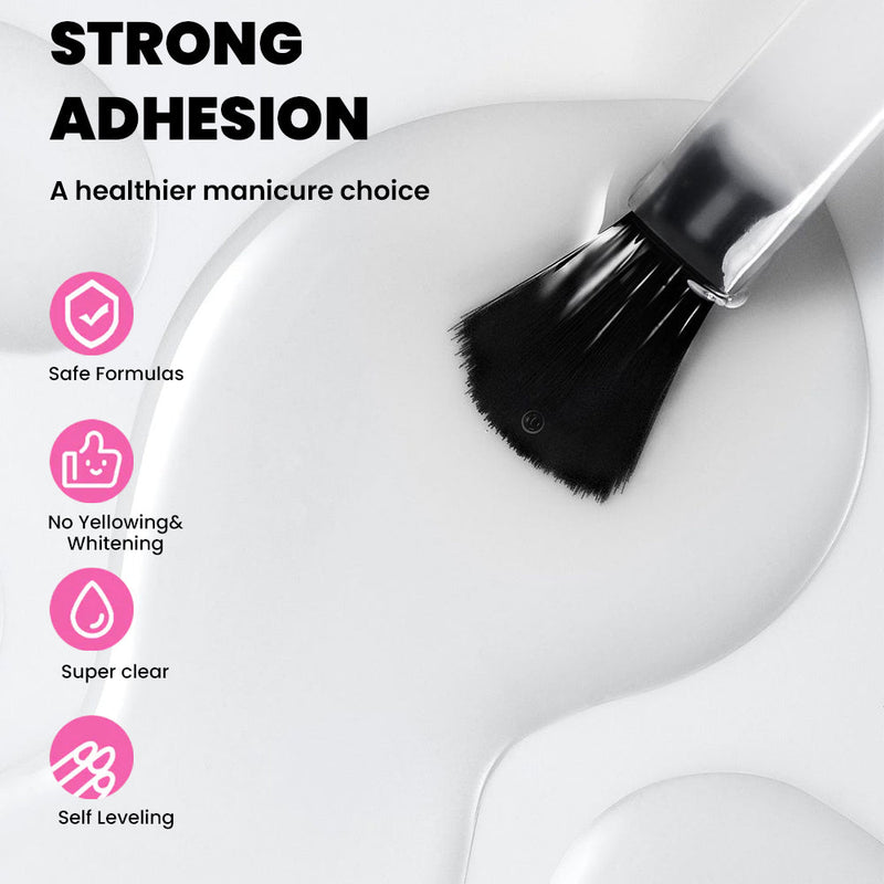 Strong adhesion gel nail base and top coat duo with safe formulas and no yellowing.