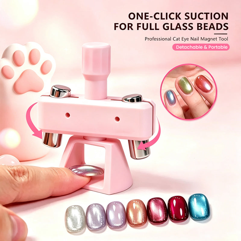 Image of the halo cat eye nail tool with one-click suction for full glass beads, showcasing magnetic cat eye effects.