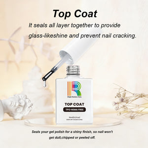 Crystal Clear Top Coat application on natural nails showing no yellowing, long shelf life, anti-deterioration and anti-solidification properties 