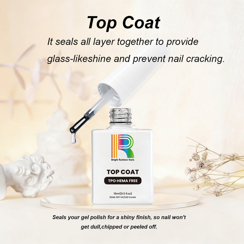 Crystal Clear Top Coat application on natural nails showing no yellowing, long shelf life, anti-deterioration and anti-solidification properties 