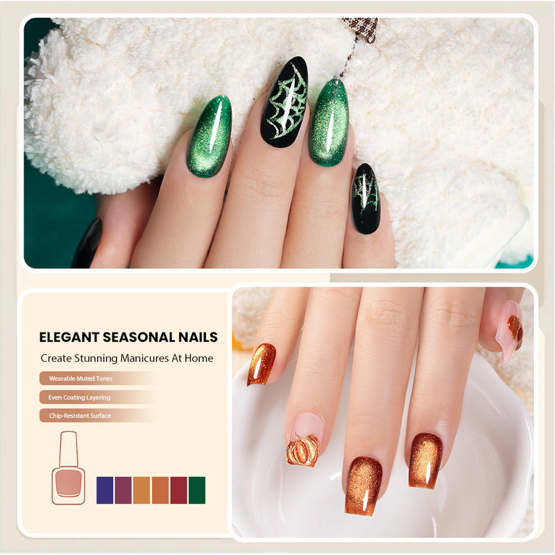 Elegant seasonal nail designs featuring cat eye gel polish set holiday colors with intricate Halloween motifs.