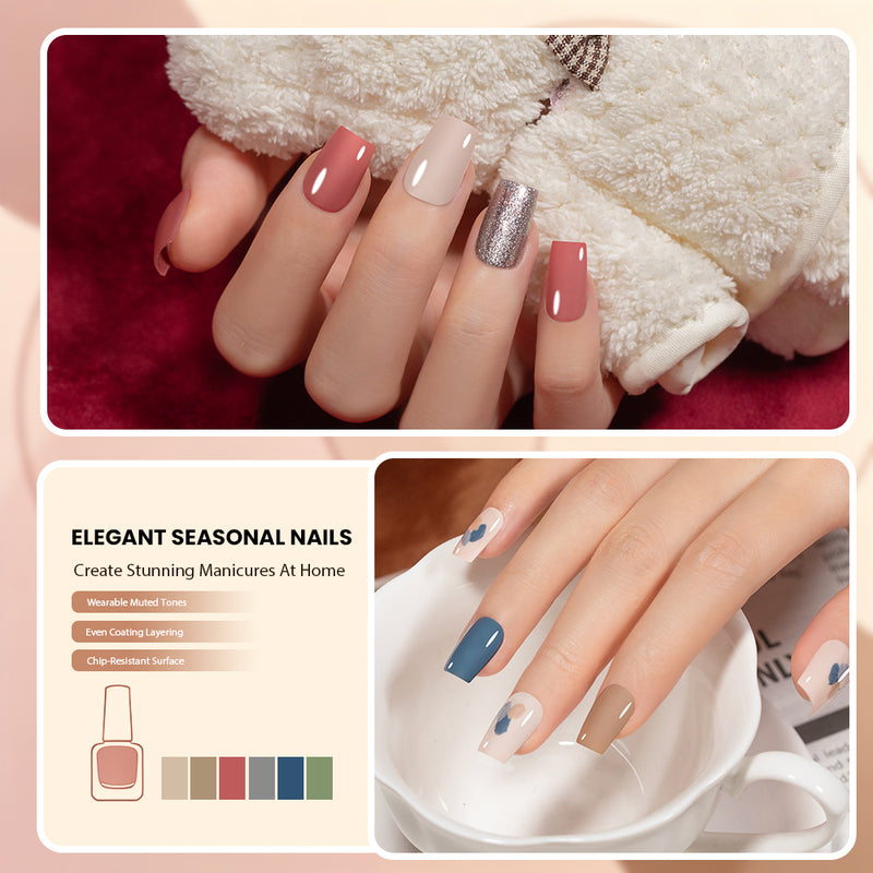 Muted Muse-6 Morandi Autumn Winter Colors Gel Polish Set showcased in elegant seasonal nail designs.