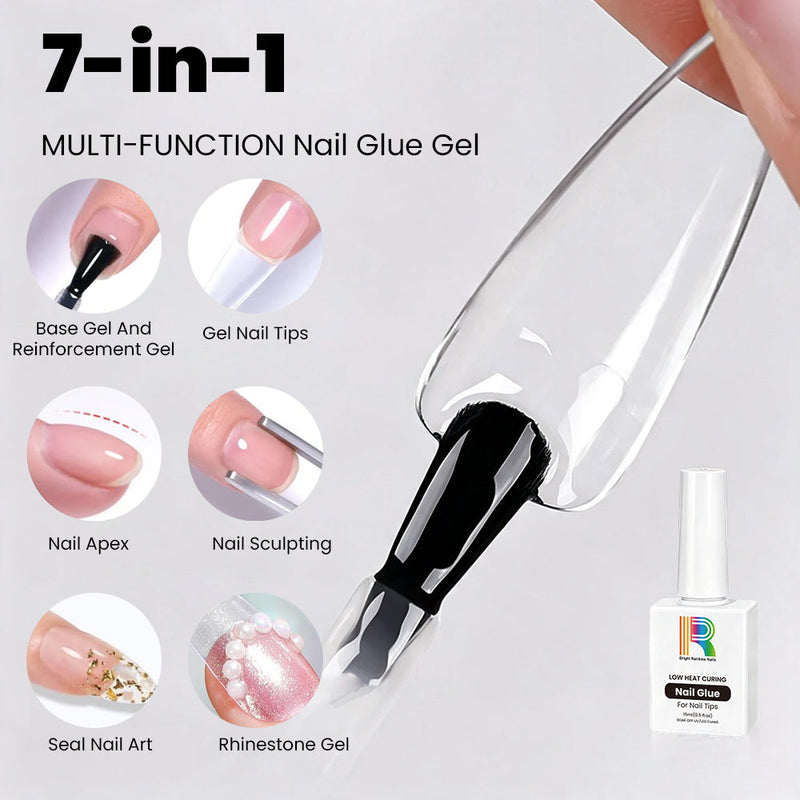 Low heat curing nail glue set showing a versatile 7-in-1 nail glue gel with various nail application techniques.