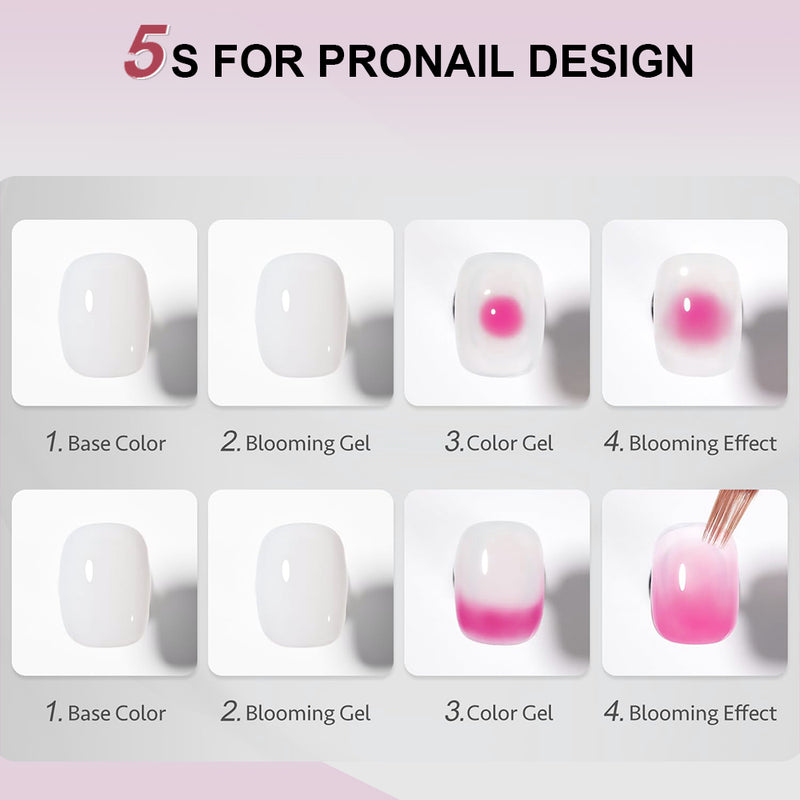 5S for pro nail design tutorial - base color, blooming gel, color gel, blooming effect showing 4-step gradient creation process 