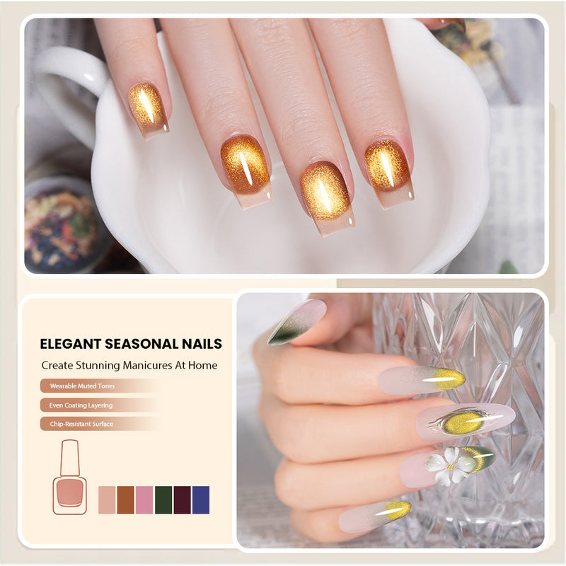 Golden Sands cat eye gel polish set displayed on elegant manicured nails showcasing festive jewel tones and gold shimmer.