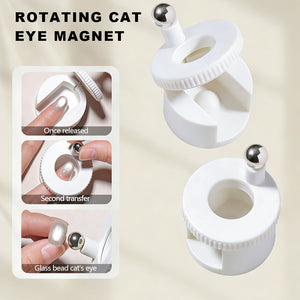 Rotating cat's eye magnet demonstration with three-step process - once released showing finger placement, second transfer showing rotation adjustment, and glass bead cat's eye final result on white rotating magnetic tool
