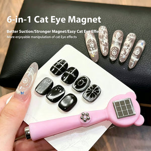 6-in-1 Bear Cat Eye Magnet in use - showing 6 magnetic cat eye nail effects on black gel polish