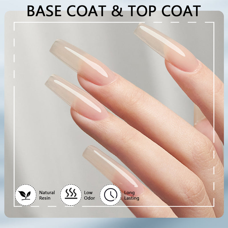 Gel Nail Base & Top Coat Duo applied on long nails with beautiful finish, showcasing healthy nail protection.