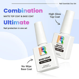 Gel Nail Base & Matte Top Coat Duo — TPO & HEMA Free, 15ml nail essentials for long-lasting manicures.