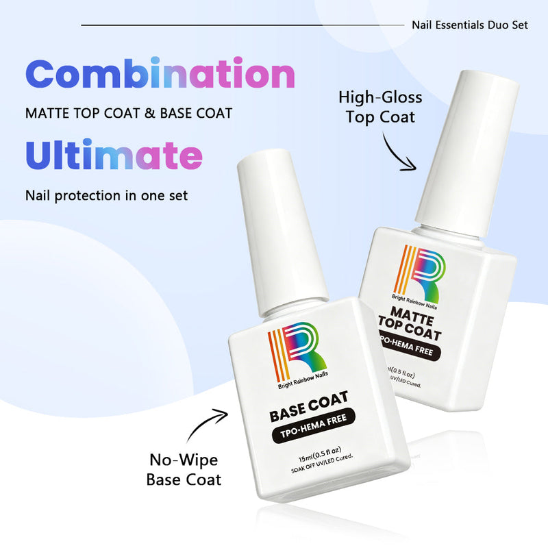 Gel Nail Base & Matte Top Coat Duo — TPO & HEMA Free, 15ml nail essentials for long-lasting manicures.