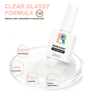 Clear glassy TPO HEMA free base coat formula benefits - 80% anti-warping, 88% anti-scratch, 70% longevity, 80% prevents pigmentation 