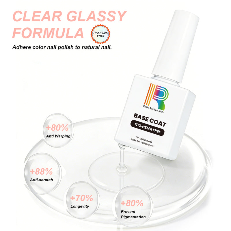 Clear glassy TPO HEMA free base coat formula benefits - 80% anti-warping, 88% anti-scratch, 70% longevity, 80% prevents pigmentation 
